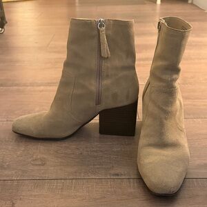 CLOSET CLEAR OUT - Suede Block Heel Ankle Boots - Beige